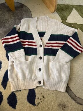 Neutral Ribbed Cardigan with Navy, Green & Red Stripes